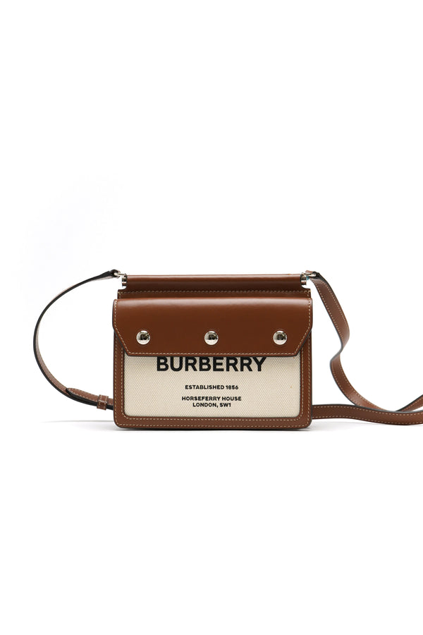 Burberry  Smooth Calfskin Canvas Horseferry Print Mini Title Bag with Pocket Natural Malt Brown