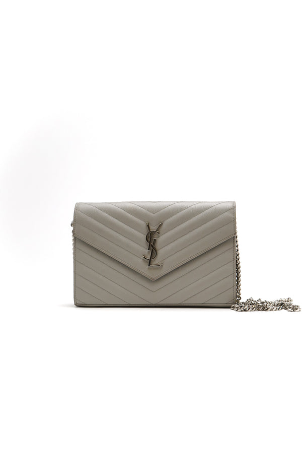Saint Laurent  Grain De Poudre Matelasse Chevron Monogram Chain Wallet Light Grey