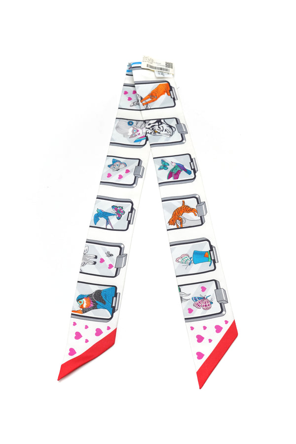 Hermes  Silk Story Twilly White Gris Rouge