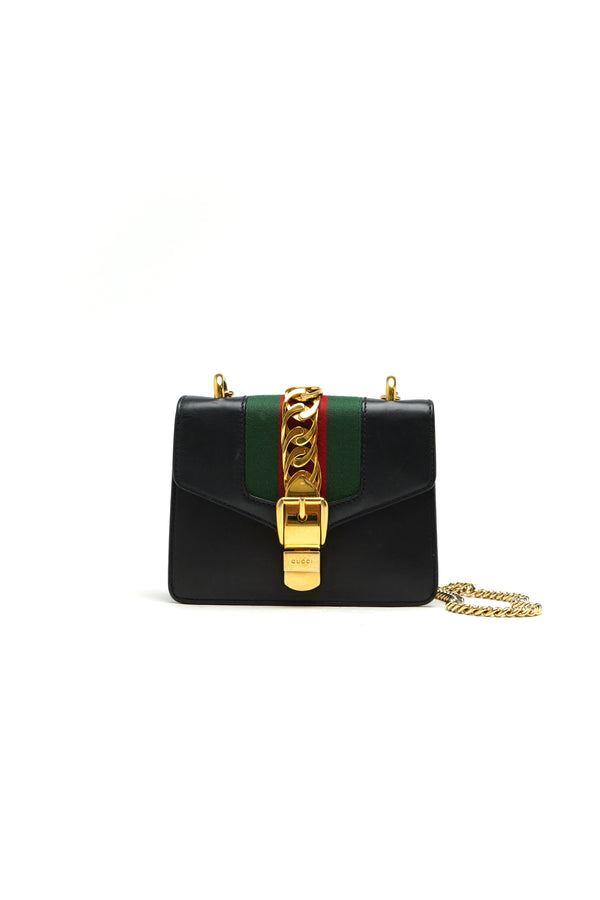 Gucci Calfskin Mini Sylvie Chain Shoulder Bag Black