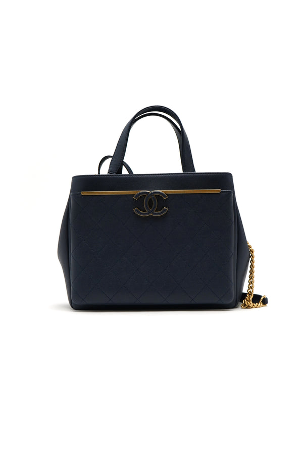 Chanel  Grained Calfskin Stitched Small Lady Coco Top Handle Tote Navy