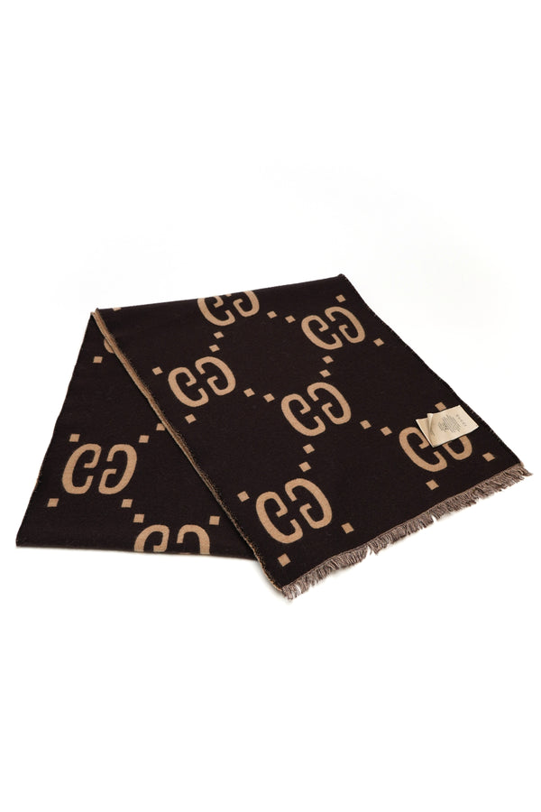 Gucci Wool Silk Monogram Jumbo GG Freedom Scarf Dark Brown Beige