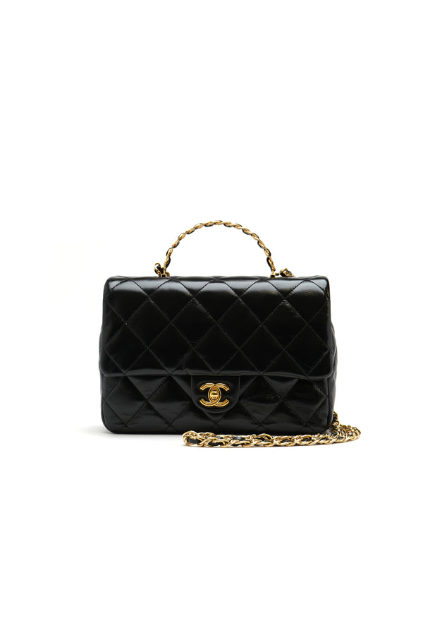 Chanel 23s Shiny Lambskin Quilted Golden Links Top Handle Flap Black Medium