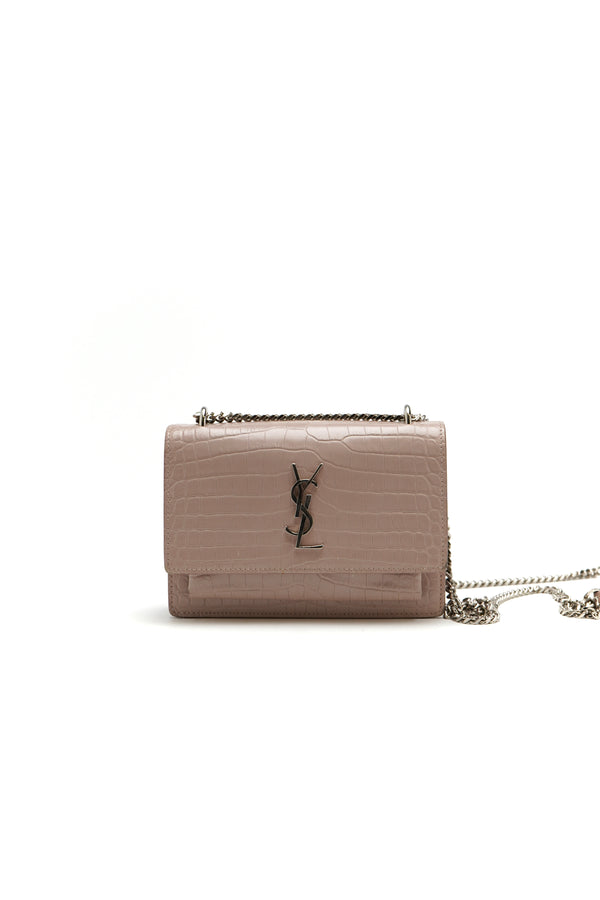 Saint Laurent  Calfskin Crocodile Embossed Monogram Sunset Chain Wallet Marble Pink
