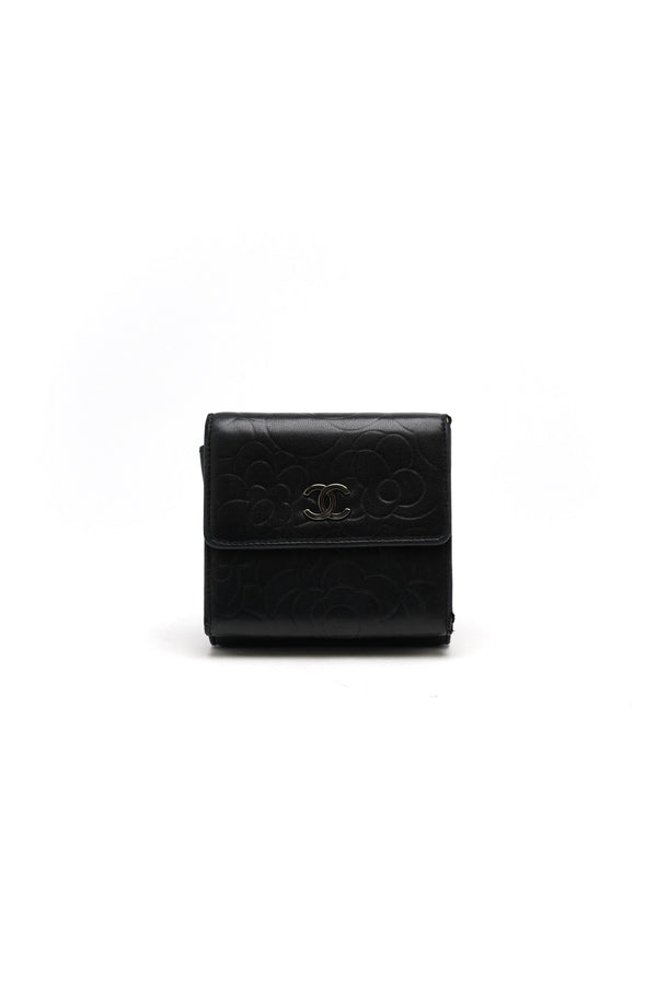 Chanel  Lambskin Double Embossed Camellia French Wallet Black