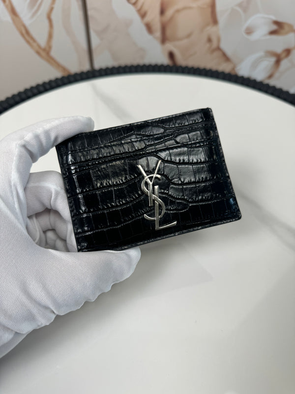 Saint Laurent  Calfskin Crocodile Embossed Monogram Credit Card Case Black