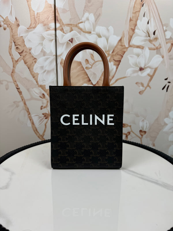 Celine  Triomphe Canvas Calfskin Mini Vertical Cabas Tan