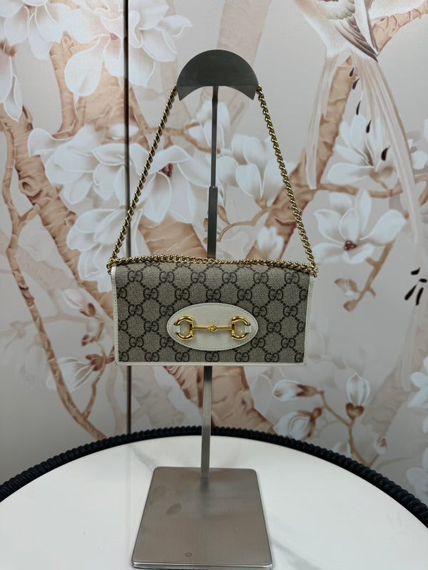 Gucci  GG Supreme Monogram Azalea Calfskin Horsebit 1955 Wallet On Chain Beige Ebony Mystic White
