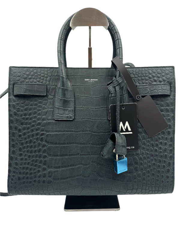 Saint Laurent Calfskin Crocodile Embossed Baby Sac De Jour Fog