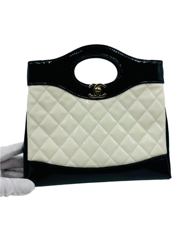 Chanel  Patent Calfskin Quilted Mini 31 Shopping Bag White Black