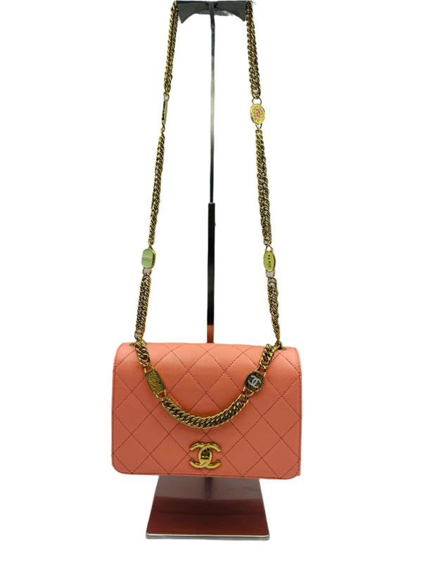 Chanel 23C Charm Chain Flap Bag Light Orange Stiff Lambskin