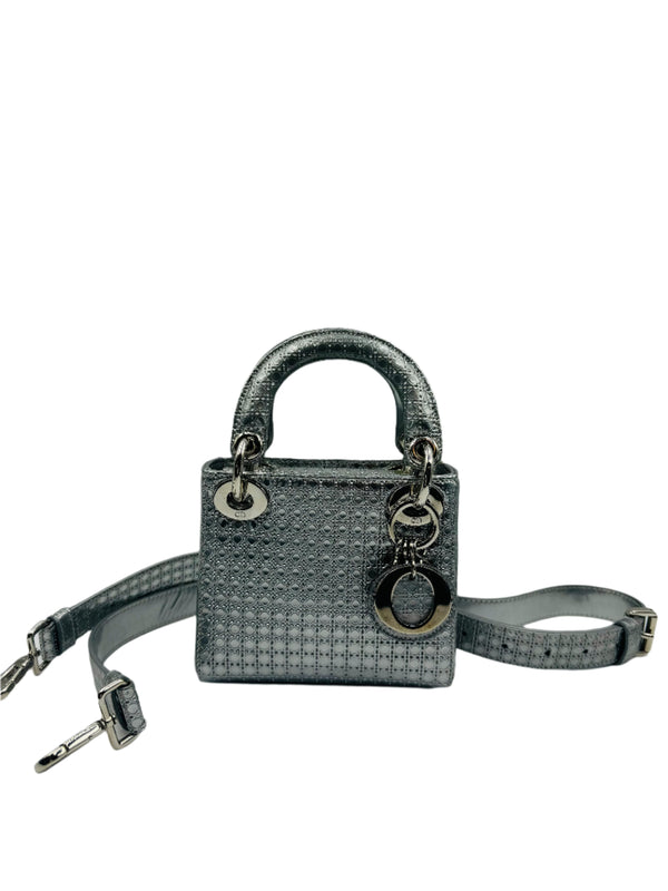 Christian Dior  Metallic Patent Micro-Cannage Mini Lady Dior Silver