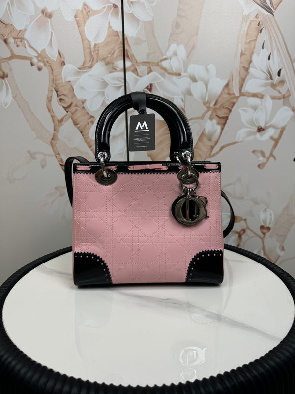 Christian Dior Cannage Handbag Leather Enamel Pink Black