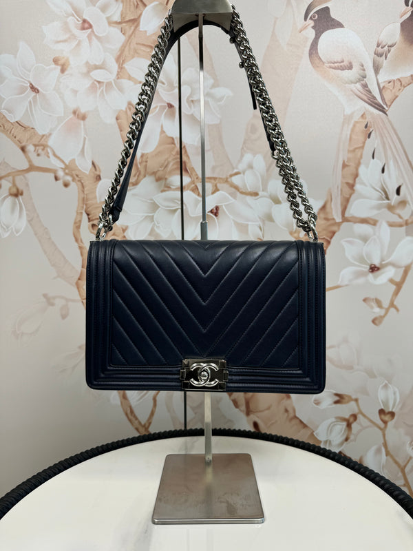 Chanel  Lambskin Chevron Quilted New Large Boy Flap Dark Navy Blue