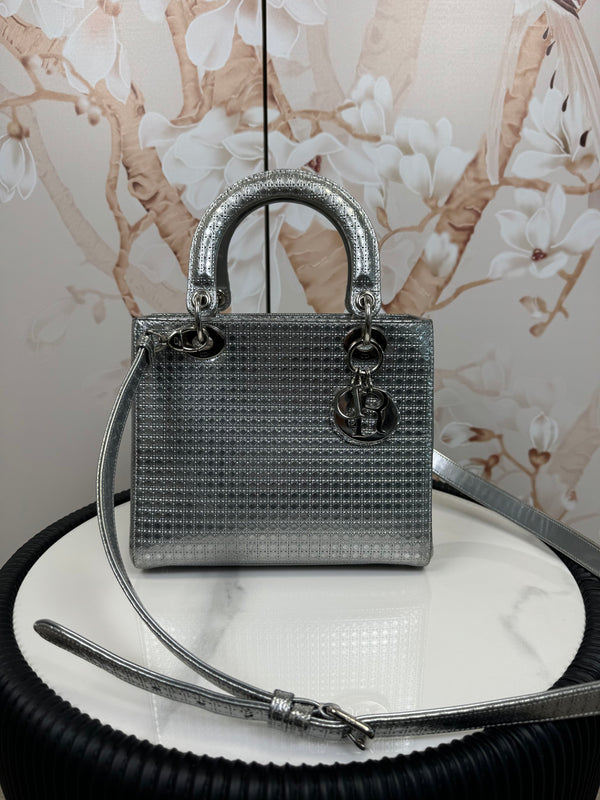 Christian Dior Metallic Patent Micro-Cannage Medium Lady Dior Silver