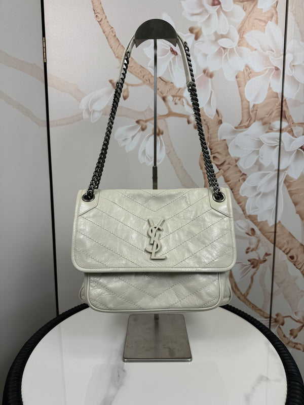 Saint Laurent  Crinkled Calfskin Matelasse Monogram Medium Niki Chain Satchel Ivory