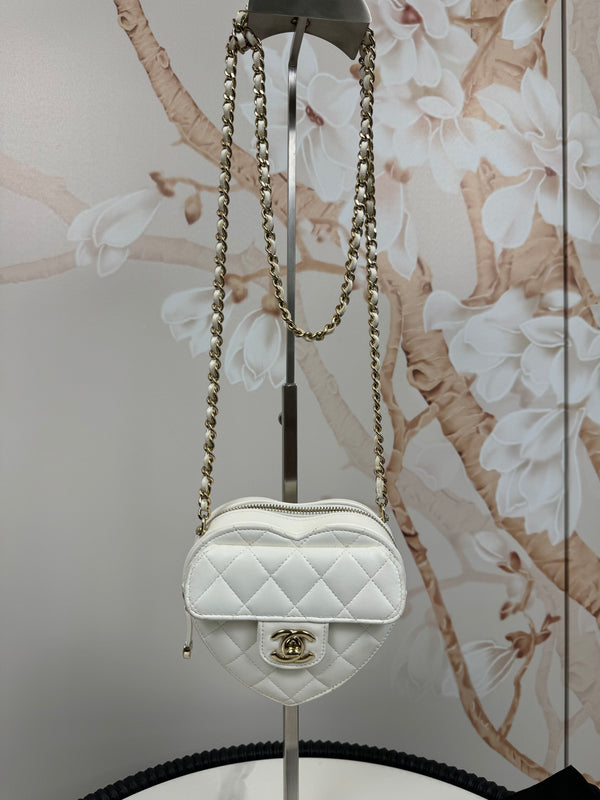 Chanel  Lambskin Quilted CC In Love Heart Clutch With Chain White