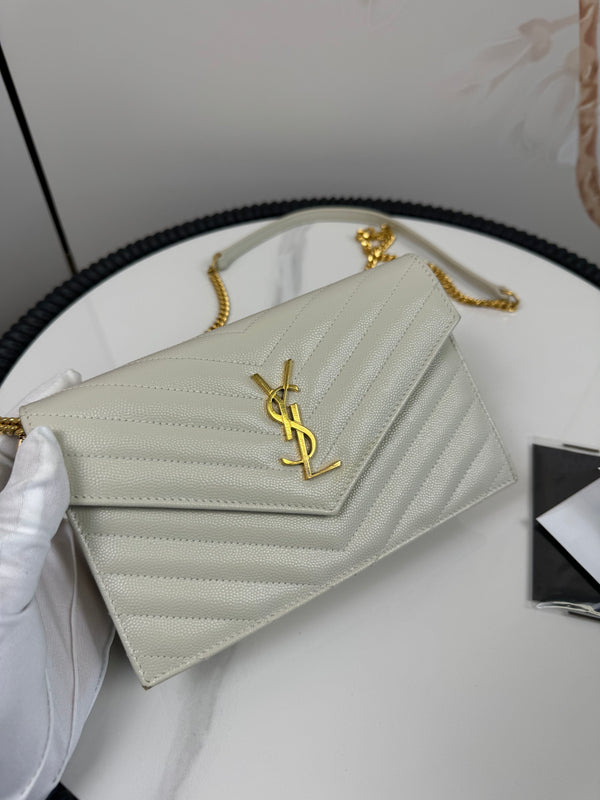 Saint Laurent  Grain De Poudre Matelasse Chevron Cassandre Envelope Chain Wallet Crema Soft