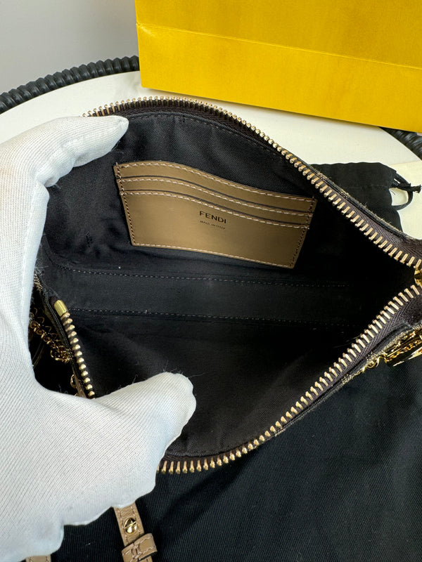Fendi Baguette Pouch Brown jacquard FF fabric clutch with chain