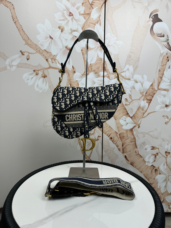 Christian Dior  Oblique Embroidered Saddle Bag Blue with strap