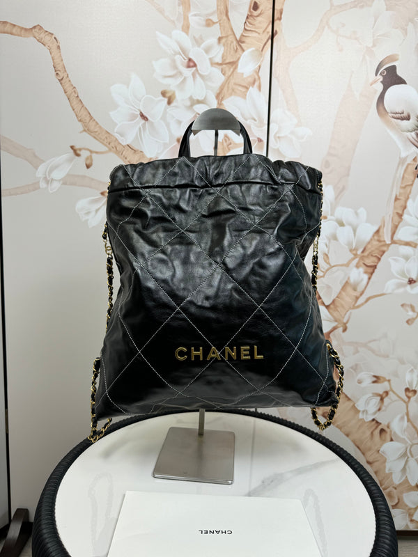 Chanel  Shiny Calfskin Stitched Quilted Chanel 22 Backpack Black
