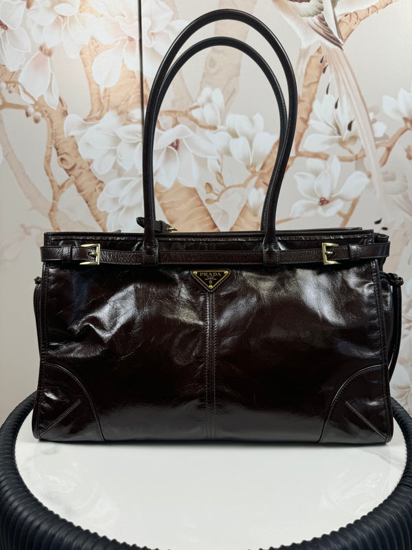 Prada  Shiny Nappa Large Shoulder Bag Dark Brown