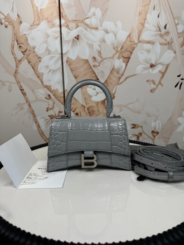 Balenciaga  Shiny Calfskin Crocodile Embossed Small Hourglass Top Handle Bag Balenciaga Grey