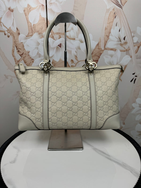 Gucci White GG Embossed Leather Lovely Heart-Shaped Interlocking G Small Tote Bag