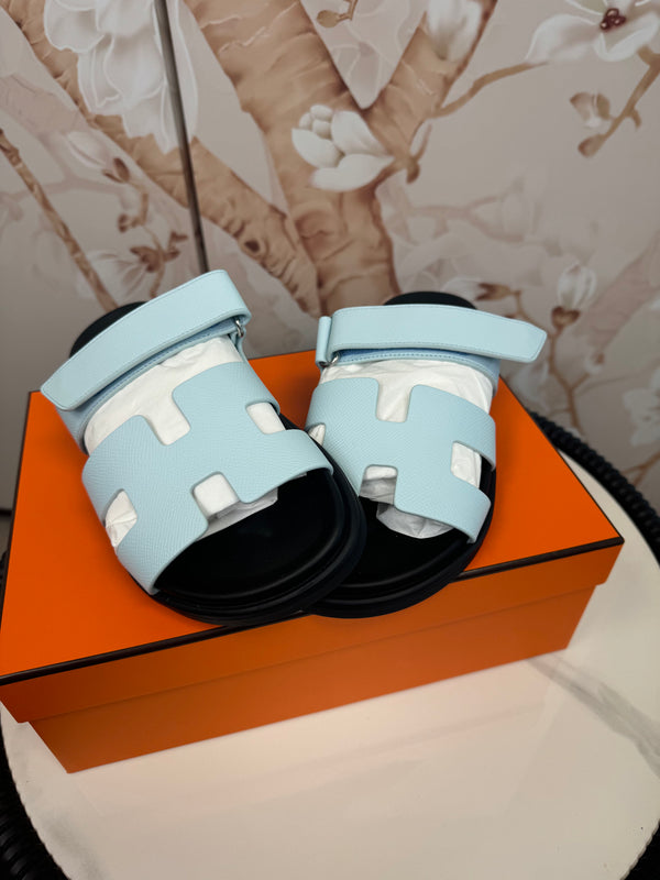 NIB HERMÈS Bleu Cristaux Epsom Women’s Chypre Sandals