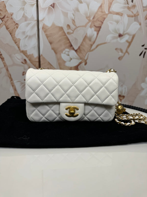Chanel  Lambskin Quilted Mini Rectangular Pearl Crush Flap White