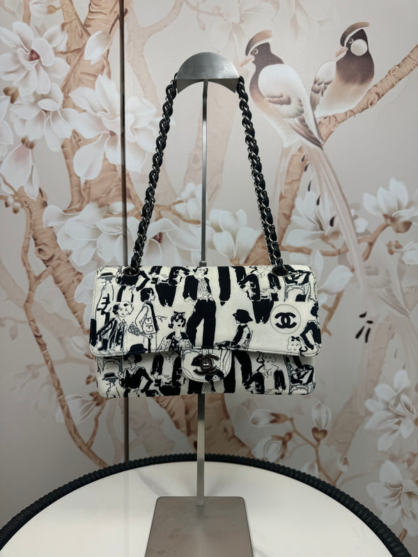 Chanel  Canvas Printed Medium Double Flap Black White