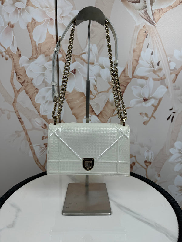 Christian Dior  Patent Micro-Cannage Small Diorama Flap Bag White