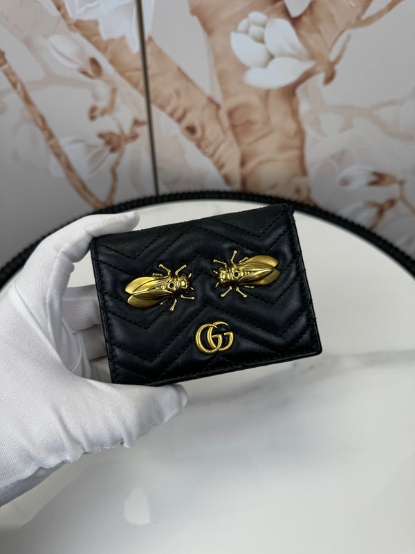 Gucci  Calfskin Matelasse Cicada Stud GG Marmont Card Case Wallet Black