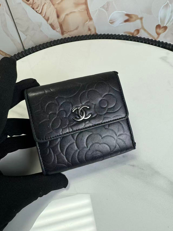 Chanel  Lambskin Double Embossed Camellia French Wallet Black