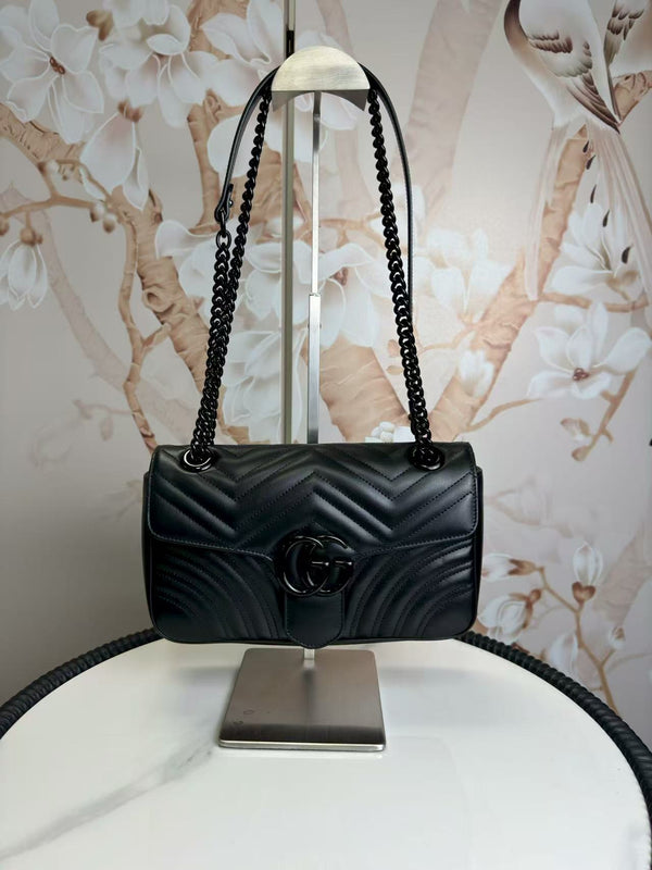 Gucci  Calfskin Matelasse Monochrome Medium GG Marmont Shoulder Bag Black