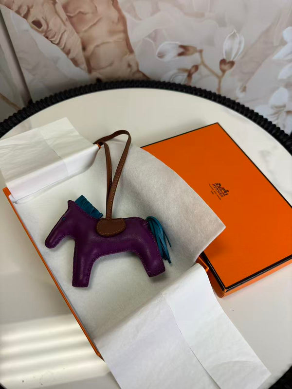 Hermes  Milo Lambskin Grigri Rodeo Horse Bag Charm GM Anemone Bleu Izmir Fauve