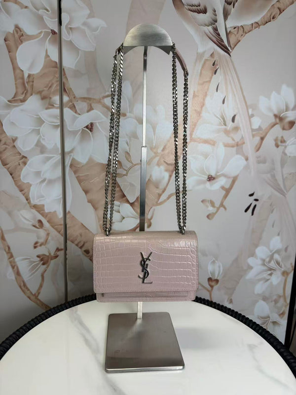 Saint Laurent  Calfskin Crocodile Embossed Monogram Sunset Chain Wallet Marble Pink