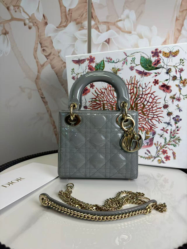Christian Dior  Patent Cannage Mini Lady Dior Grey Stone