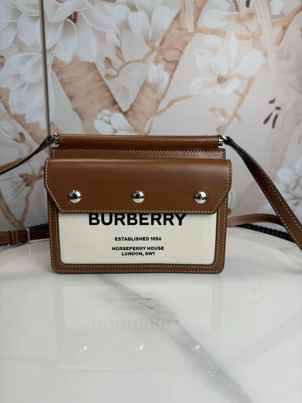 Burberry  Smooth Calfskin Canvas Horseferry Print Mini Title Bag with Pocket Natural Malt Brown