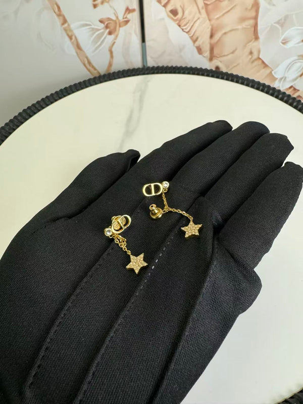 Christian Dior  Crystal Petit CD Star Chain Earrings Gold