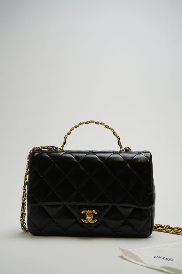 Chanel 23s Shiny Lambskin Quilted Golden Links Top Handle Flap Black Medium