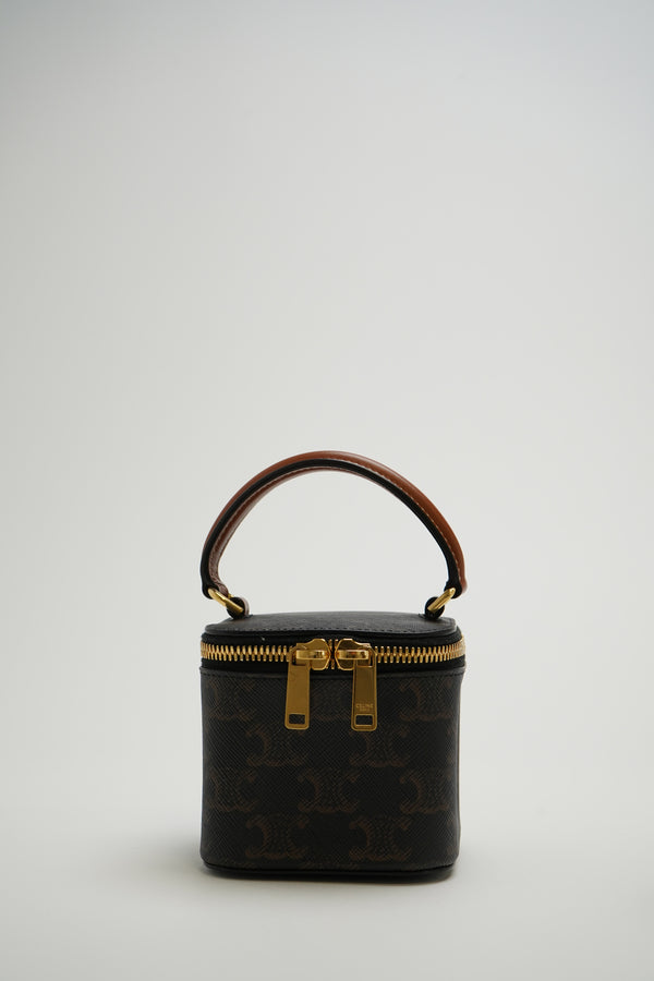 Celine  Triomphe Canvas Calfskin Mini Vanity Case Tan