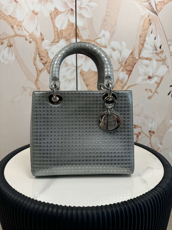 Christian Dior  Metallic Patent Micro-Cannage Medium Lady Dior Silver