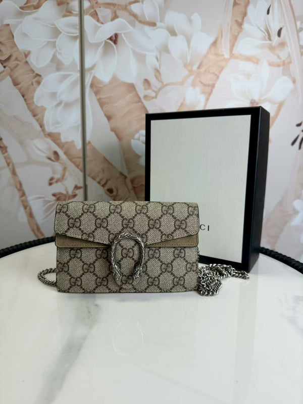 Gucci  GG Supreme Monogram Super Mini Dionysus Shoulder Bag Taupe